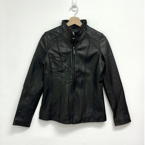 DKNY Classic 100% Leather Stand Collar Y2K 90s Moto Biker Zip Up Jacket - Small - Picture 1 of 12